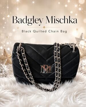 Badgley Mischka Black Quilted Chain Shoulder Bag Silver BM Logo Flap